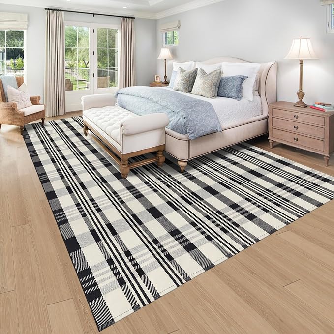 Buffalo Plaid Rug 8x10 Feet Cotton Woven Buffalo Check Area Rug Black and Off White Checkered Outdoor Washable Indoor Outdoor Carpets for Living Room Bedroom Farmhouse Patio