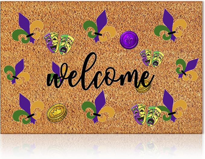 Ceenna Mardi Gras Coir Doormat Outdoor Mardi Gras Welcome Outdoor Rug Fleur De Lis Non-Slip Coir Carnival Front Door Mats Purple Yellow Green Decorations for Front Porch Entryway Bathroom Decor