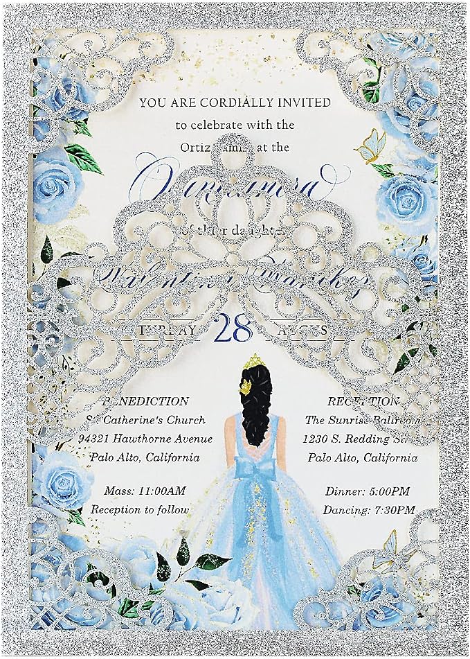 Hosmsua 50PCS 5.1x7.3 Inch Silver Glitter Quinceanera Invitations Cards Laser Cut Floral Crown Pocket Invitation with Envelopes for Birthday Bridal Shower