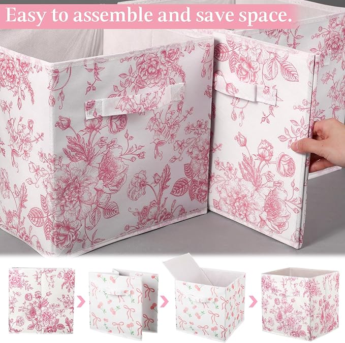 Geelin 6 Pcs Pink Floral Cube Storage Bins 11 Inch Pink Flower Storage Basket with Handle, Preppy Girls Organizer Basket, Collapsible Fabric Box for Classroom Bedrooms Office Home Decoration Gift