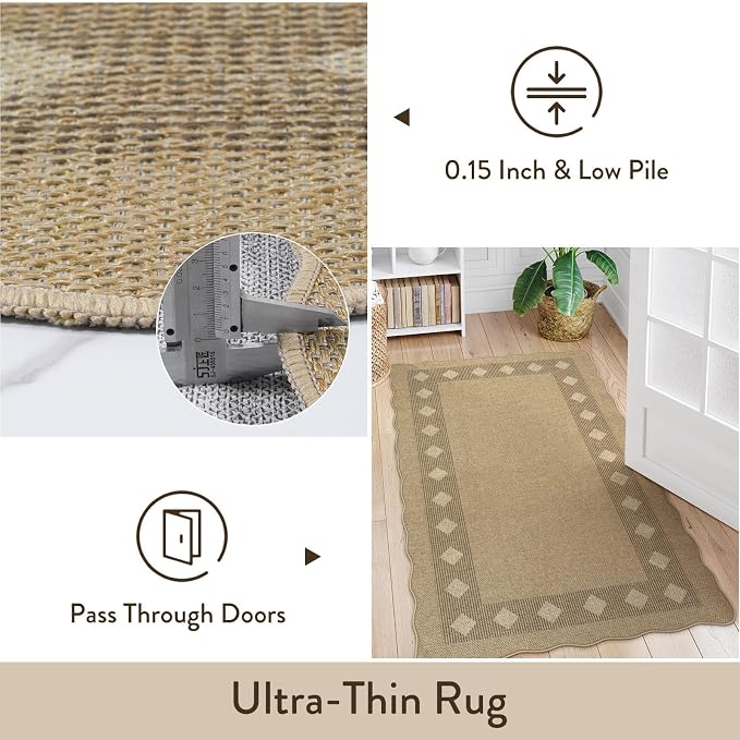 LIVEBOX Easy Jute Diamond Rug for Living Room, Scalloped Washable 5x7 Tan Rug for Bedroom, Geometric Checkered Non-Slip Indoor Outdoor Rug Dining Room Modern Carpet Area Rug for Patio Home Office Mat