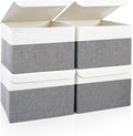 Bagnizer Large 22 Quart Linen Fabric Foldable Storage Bin Cube Organizer Basket with Flip-Top Lid & Handles, Clothes Blanket Box for Home, Office, Closet, Gray & White, 4 Pack 14.6 x 9.5 x 9.5”