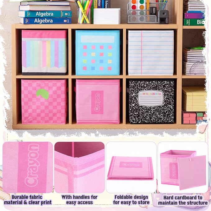 Kathfly 6 Pcs 11" Back to School Pastel Fabric Classroom Storage Bins Cubby Bins Storage Baskets with Handles for School Classroom Lost and Found Decor Office Home Organizer Supplies