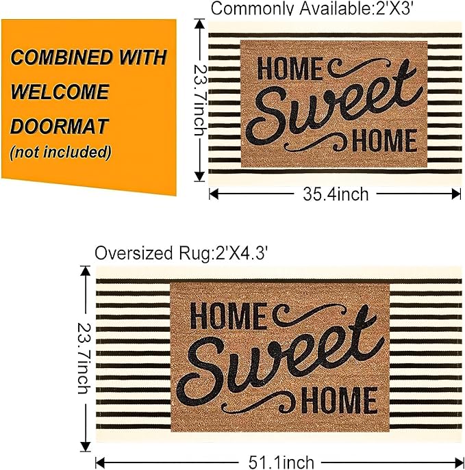 BUAGETUP Front Layered Door Mat 2'x3',Black and Beige Striped Outdoor Rug Machine Washable Cotton Outdoor Door MatEntryway Throw Rug for Indoor Entrance