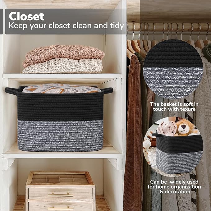 Goodpick Cotton Rope Basket with Handles, 13" x 10" x 9", Black & Gray | Decorative Storage Basket for Toys, Books & Daily Essentials Storage, Closet & Shelf Organization, Rectangle Design