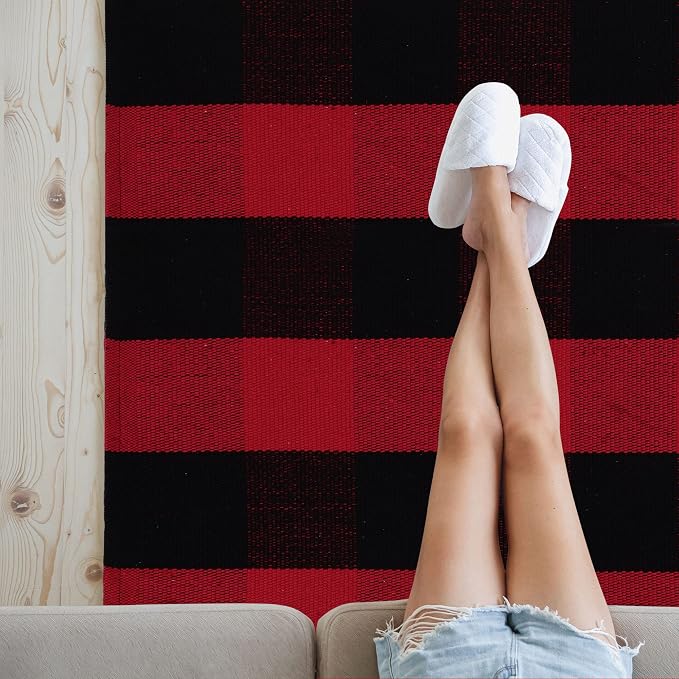 uxcell Buffalo Check Rug,Plaid Outdoor Rug,Layered Door Mat,Cotton Gingham Rugs,Floor Mat for Front Porch/Runner/Bedroom/Kitchen/Farmhouse 59"x35" Red & Black