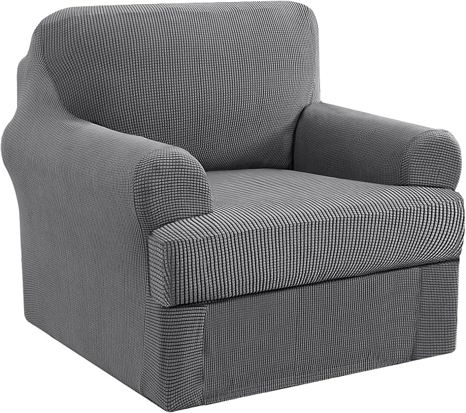 H.VERSAILTEX Armchair Covers Slipcover 2 Piece Chair Covers for Living Room Furniture Cover Suit for T Cushion/Box Cushion, Spandex Jacquard Fabric Small Checks(Armchair-Standard, Charcoal Gray)
