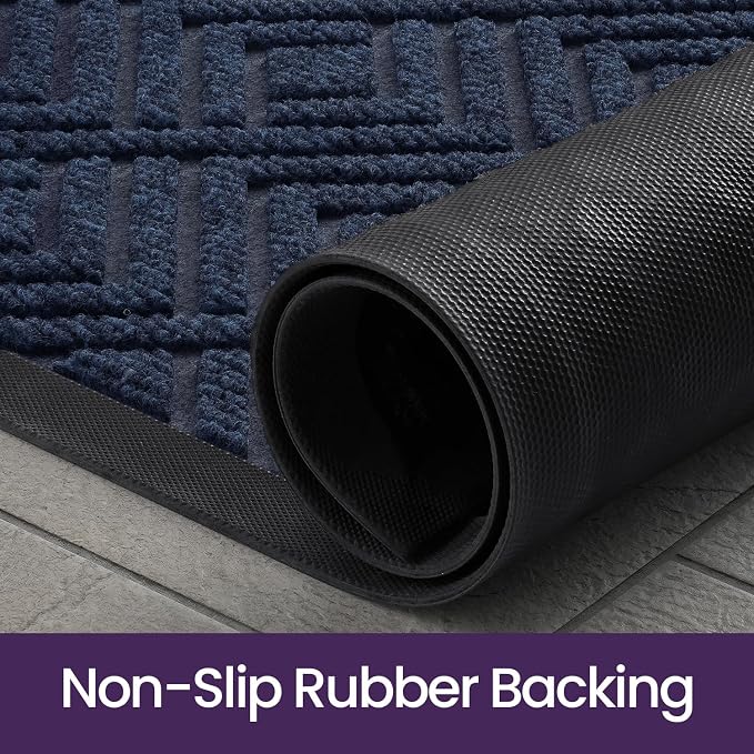 DEXI Front Door Mat Outside Entrance, 17x30 Heavy Duty Entry Doormat Dirt Trapper with Rubber Back, Non Slip Low Profile Floor Mats for Entryway Exterior Patio, Checkered Navy