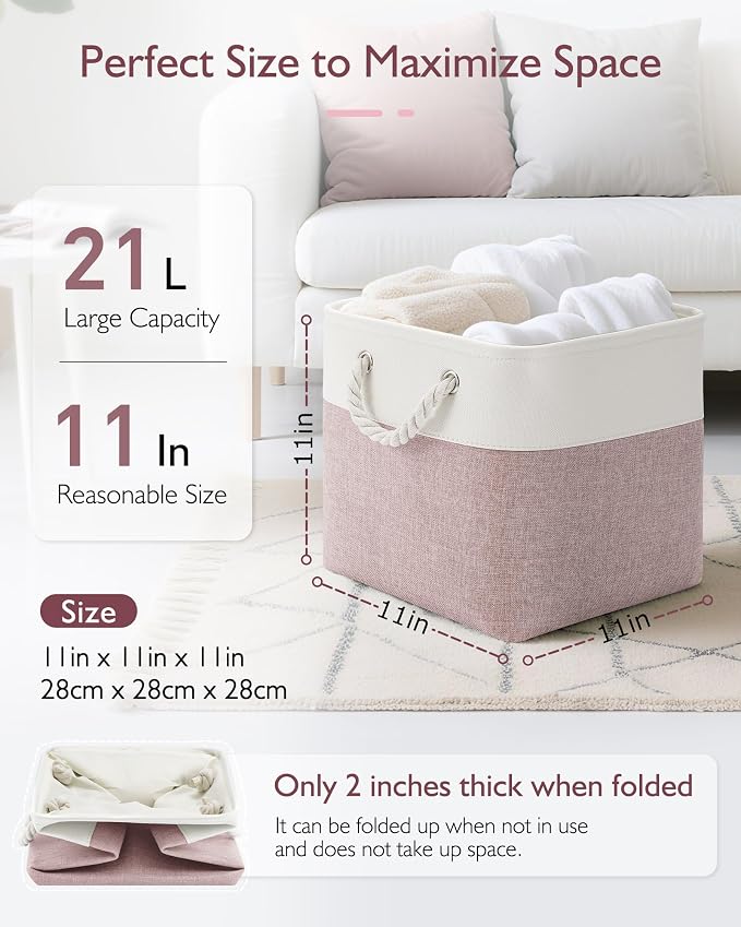 Patvingot 11-Inch Fabric Cube Storage Bins with Handles,6 Pack,Foldable | For cube shelves and closets,keeps grouped for everyday access,reinforced opening and fold-flat storage,white and pink