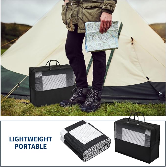 GarveeHome Outdoor Rug 5 x 8 Waterproof Modern Checkboard Plastic Straw Rug, UV-Resistant Outside Woven Camping Rug, Foldable Geometric Plaid Reversible Mat for Backyard, Picnic, Black White