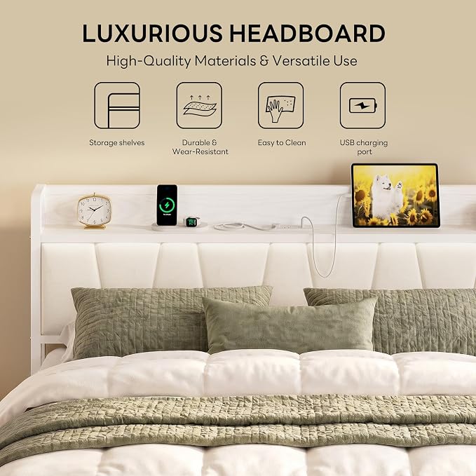 LIKIMIO Queen Bed Frames, PU Leather Storage Headboard with Charging Station, Solid and Stable, Noise Free, No Box Spring Needed, Easy Assembly, White