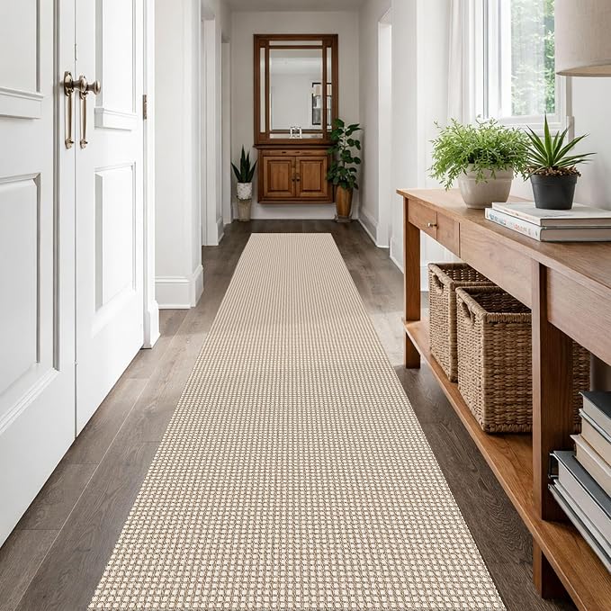 IOHOUZE Washable Runner Rug 2x12 Non Slip Rubber Backed Extra Long Hallway Runner Entryway Runner Indoor, Kitchen Rugs Woven Cotton Floor Carpet for Hall Entrance, Cream/Beige