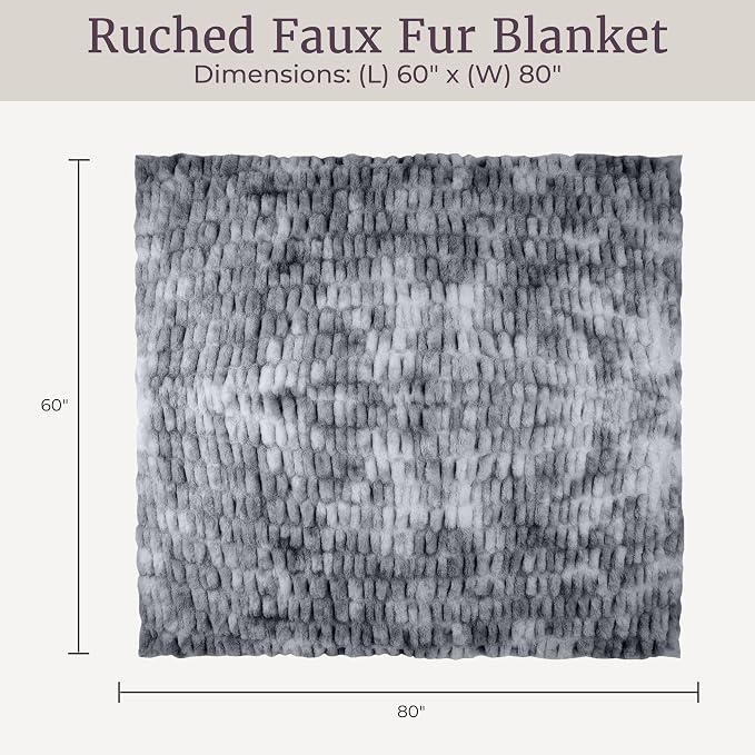 Lavish Home Oversized Ruched Faux Fur Blanket - 60x80-Inch Plush Polyester Faux Fur Queen-Size Throw for Sofas and Beds - Luxurious Bedding (Silver)