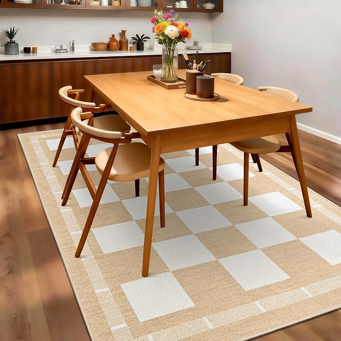 Vasofe Checkered Jute Rugs, 5x7 Outdoor Rug, Washable Rugs for Living Room | Bedroom Indoor Carpet, Non Slip Modern Farmhouse Geometric Area Rugs, Office Backyard Dining Room Mat, Khaki and White