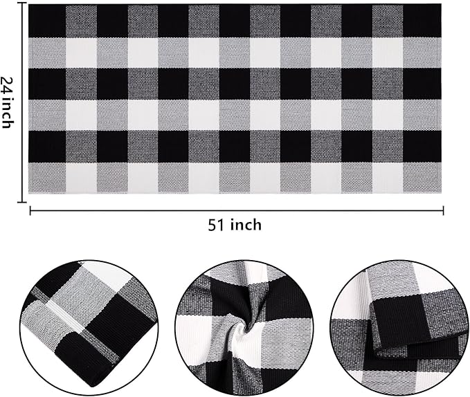 Buffalo Plaid Front Porch Rug 24''x 51''Black and White Checkered Outdoor Rug Cotton Machine Washable Farmhouse Mat for Outdoor, Kitchen, Farmhouse, Entryway,Bathroom