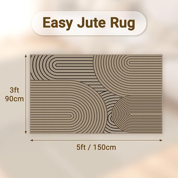 Faux Jute Rugs for Entryway, 3' x 5' Indoor Outdoor Rug, Washable Ultra-Thin Non-Slip Area Rug for Foyer, Backdoor, Living Room, Kitchen, Bedroom, Balcony
