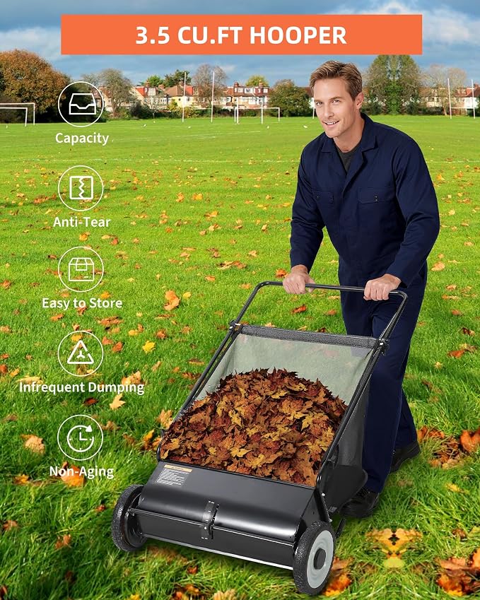 Garvee 21 Inch Push Lawn Sweeper, 3.5 Cu. Ft. Hopper Capacity Grass Sweeper, Manual Push Yard Sweeper with Height Adjustment & 4 Fast Spinning Brushes for Grass Clippings, Leaves & Debris, Black