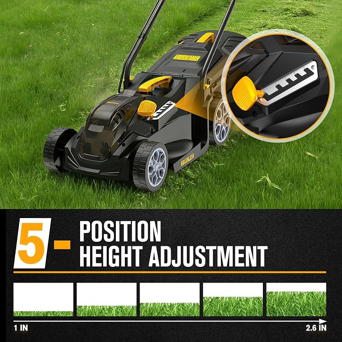 HEINPRO Cordless Lawn Mower Compatible with Dewalt 20V MAX Battery | 14", 2-in-1 Brushless Electric Lawn Mower for Small Yards, Push Mowers with 5-Position Height Adjustment, Black (Tool Only)
