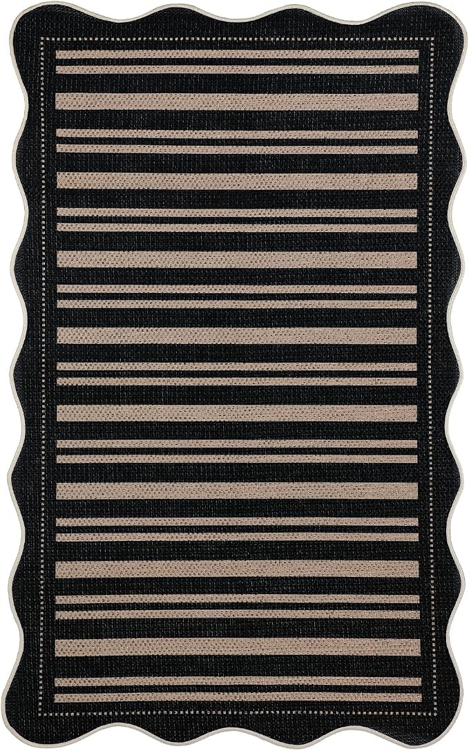EDIMENS Scalloped Outdoor Rug 3x5 Jute Front Porch Patio Entry Entryway Rug | Striped Front Door Mat Small Non-Slip Washable Area Rug Carpet Low Pile Black Indoor Farmhouse Doormat for Entrance Doorway