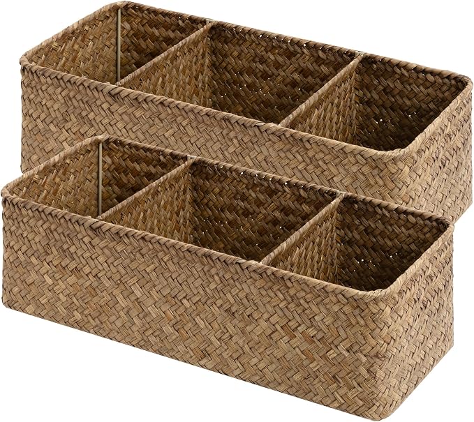 StorageWorks Toilet Paper Baskets for Shelves, 3-Section Wicker Baskets Storage, Back of Toilet Basket for Tank Topper, Counter, Pantry, Living Room Decor, 2 Pack Seagrass Basket