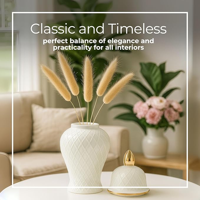 Decorative Ceramic Vase with Lid for Living Room and Home Decor - Elegant Flower Vase Accent for Room, Bedroom, or Office Display - Sculpted Table Accent for House Decoration - 15", White & Gold