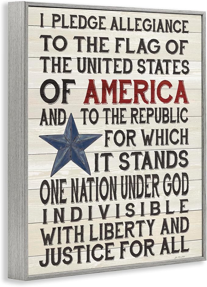 Stupell Industries Pledge of Allegiance Stars and Stripes Americana Rustic Wood Look Sign, Design by Jo Moulton, Grey Framed, 11x14