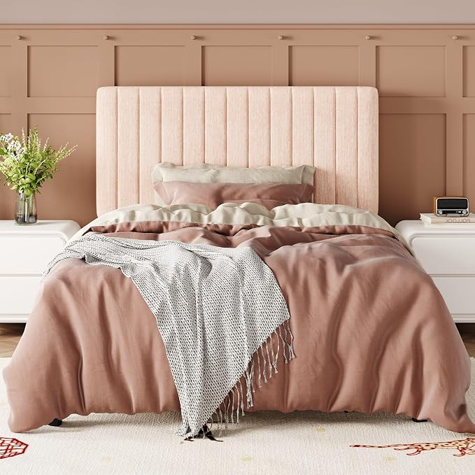Allewie Twin Bed Frame, Upholstered Platform Bed with Adjustable Vertical Channel Tufted Headboard, Mattress Foundation with Strong Wooden Slats, Box Spring Optional, Easy Assembly, Chenille Pink