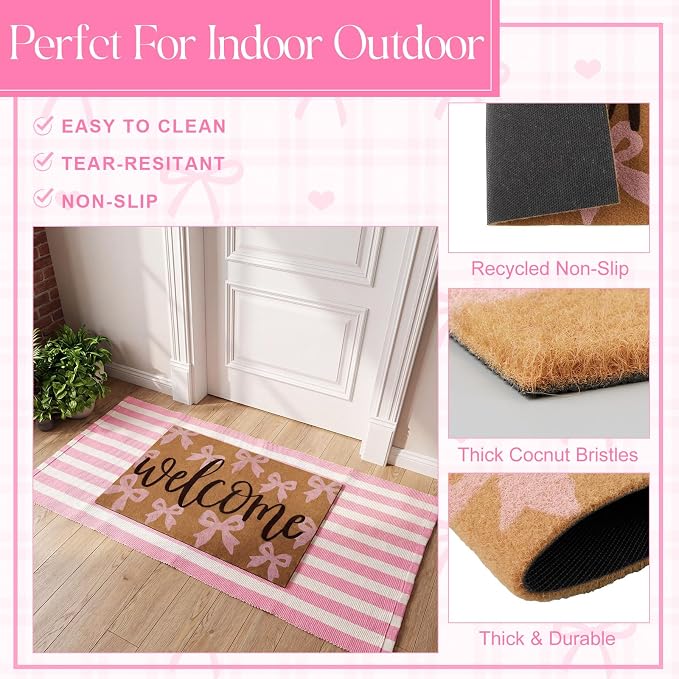 2 Pcs Outdoor Door Mat Combo Set Layered Outdoor Rug and Coir Welcome Doormat Non Slip Outside Floor Mat for Front Porch Entryway Patio Yard Decor(Cute Pink Bow,24'' X 51',18'' X 28'')