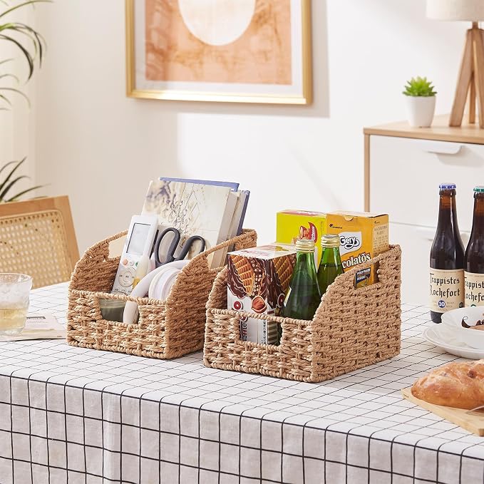OIAHOMY Pantry Baskets for Organizing, Paper Rope Baskets with Built-in Handles, Wicker Storage Baskets for Shelves, 3 Pack-Yellow
