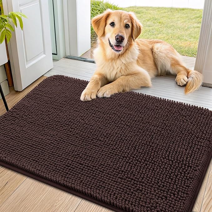Smiry Dog Door Mat for Muddy Paws 40x24, Absorbent Dirt Trapper, Non-Slip Washable Chenille Entryway Rug for Inside Floor, Brown, Classic Solid