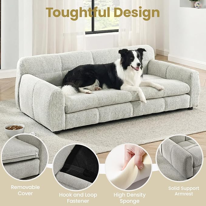 51" XL Dog Bed Couch, Elevated Large Dog Sofa with Backrest and Armrests, Soft Memory Foam Extra Large Pet Bed with Removable Cushion, Durable Linen Pet Couch Furniture, Beige