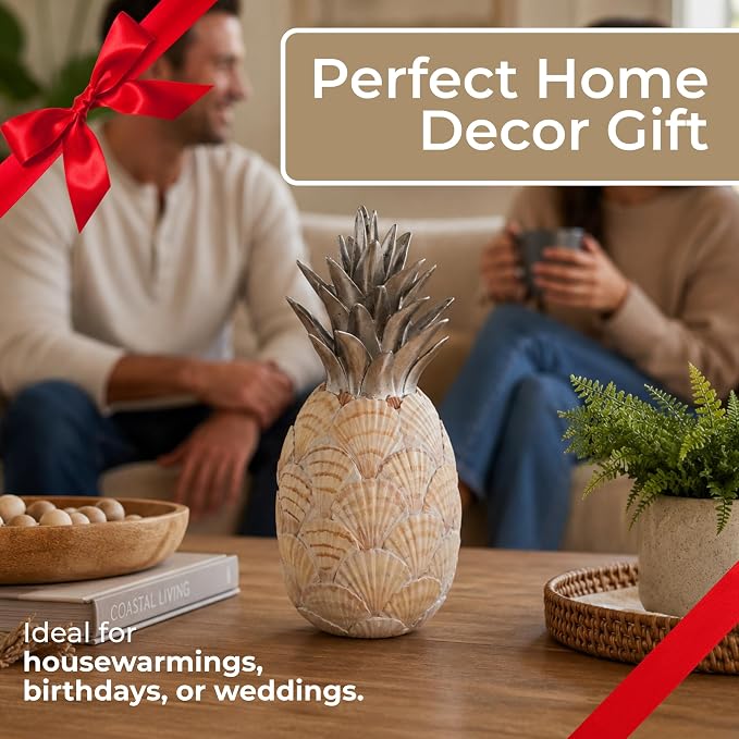 Sagebrook Home Unique 12" Seashell Pineapple Decorative Object, Polyresin Multi-Color Accent Piece for Home Elegance and Coastal Charm
