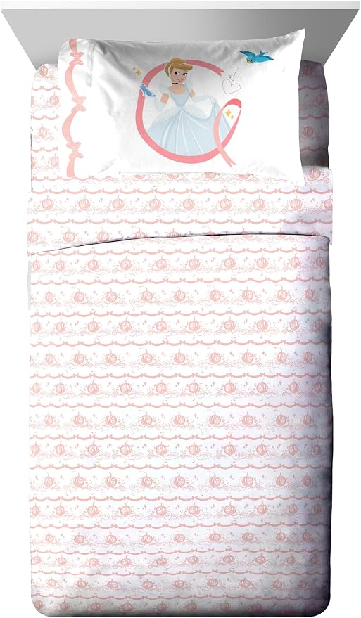 Disney Princess Cinderella Twin Comforter Set 5 Piece Kids Bedding, Pink | Bed in a Bag, Comforter Sheets Sham Pillowcase, Official Brand, Soft Microfiber, Machine Washable, Easy Care, Girls Gift