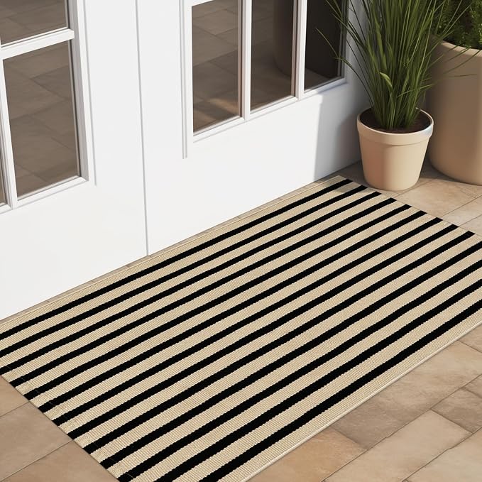 LEEVAN Black and White Outdoor Rug 2x4.3, Outside Entrance Door Mat, Washable Welcome Layering Rugs Farmhouse Front Porch Mats Outside Striped Layered Front Doormat for Porch/Entryway