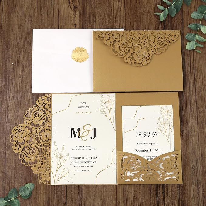 DORIS HOME Laser Cut Wedding Invitation Pockets, Gold, 5"x7" | 50pcs, With Envelopes, For Wedding & Anniversary, No Inserts Included