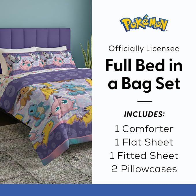 Northwest Pokemon Friendly Battle Full Size Bed in a Bag Set, Pikachu Eevee Jigglypuff Squirtle, Kids Boys Girls Bedding Comforter Sheets