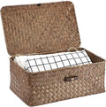 Hipiwe Wicker Shelf Baskets Bin with Lid Small Handwoven Storage Basket Box | Natural Seagrass Basket Bins Rectangular Household Basket Boxes for Shelf Wardrobe Home Organizer, Coffee