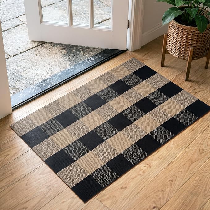 OJIA Buffalo Plaid Rug 24"x36" Fall Front Door Mat Outdoor Rug Welcome Mats | Black Tan Washable Outdoor Porch Rug Welcome Mat Indoor Outdoor Doormat Outside Door Mats for Entrance Entry Farmhouse Decor
