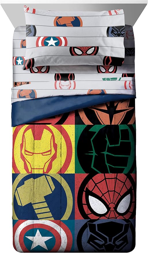 Marvel Avengers Full Size Comforter Set 7 Piece Kids Bedding, Multi | Captain America, Bed in a Bag, Comforter Sheets Shams Pillowcases, Soft Microfiber, Machine Washable, Boys Gift