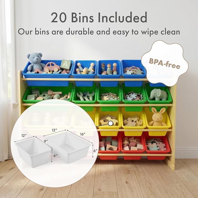 Humble Crew Kids Toy Organizer with 20 Bins, 4 Tier Storage for Playroom | Sturdy wood and steel toddler shelf, removable BPA-free containers, wall anchor anti-tip safety kit for bedroom or classroom