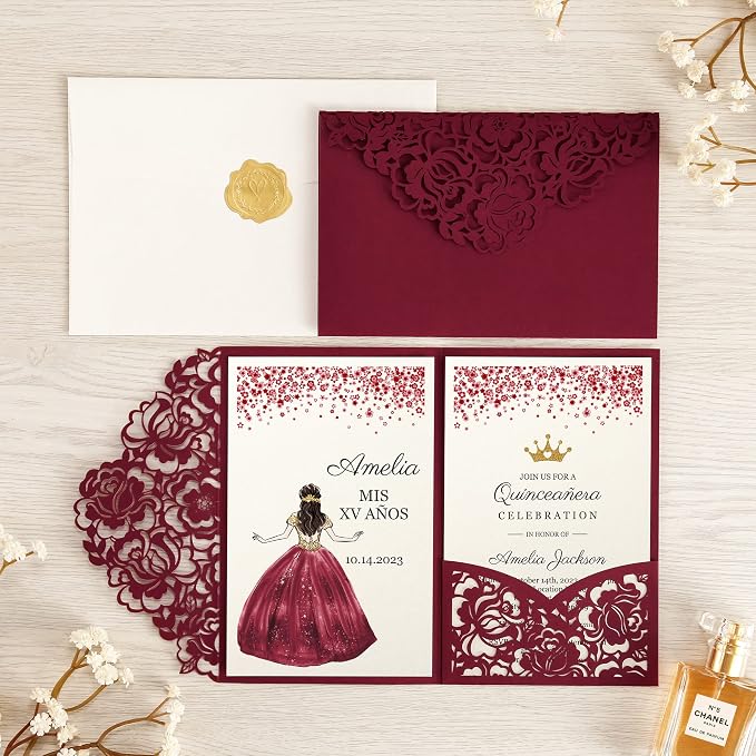 DORIS HOME 50Pcs Personalized Laser Cut Quinceanera Invitations, Burgundy | 4.7"x7.1", Customized Quince Invitations, For 15th Birthday, Sweet 16, With Envelopes