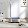 Scandinavian Style Elevated Dog Bed Pet Sofa with Solid Wood Legs and Bent Wood Back, Velvet Cushion, Small Size, Natural Frame & Dark Grey Cushion