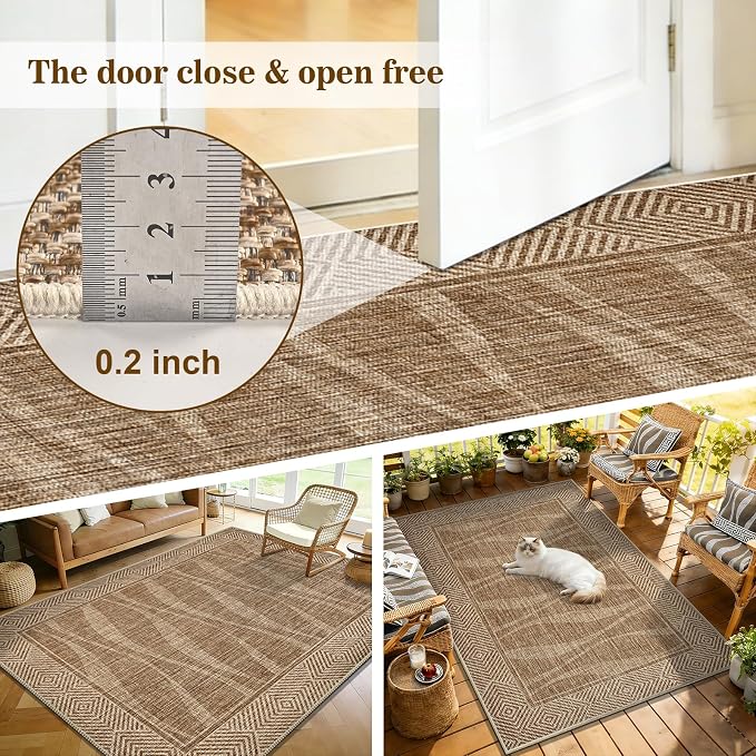 Jute Rug 3x5 Outdoor Patio Rug with Border, Washable Rugs for Entryway Porch, Farmhouse Non Slip Area Rugs with Rubber Backing, Non Shedding Carpet for Indoor Outdoor Bedroom, Courtyard, Light Brown