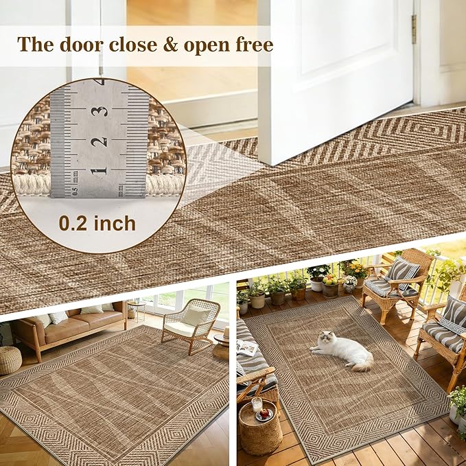 Easy Jute Rug 6x9 Outdoor Patio Rug with Border, Washable Rugs for Living Room, Farmhouse Non Slip Area Rugs with Rubber Backing Indoor Outdoor, Non Shedding Carpet for Bedroom, Courtyard, Light Brown