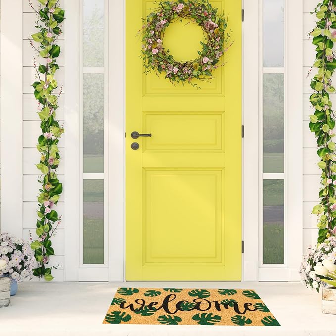 JarThenaAMCS Tropical Coir Doormat Summer Hawaiian Welcome Floor Mat Green Natural Palm Leaf Non-Slip Entrance Door Rugs for Indoor Outdoor Home Bathroom Decor, 16.5 x 29 Inch