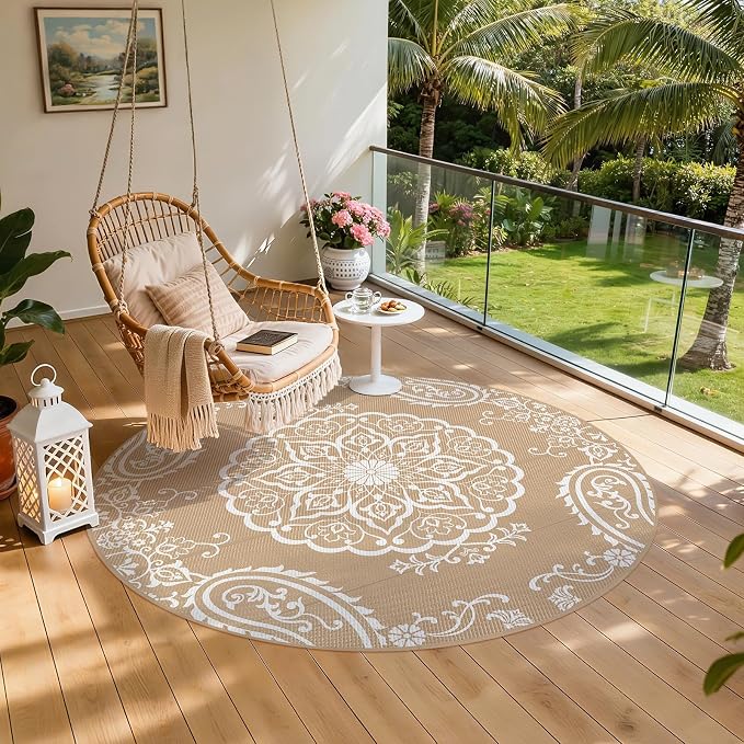 Pauwer Outdoor Rug 8ft, Waterproof Plastic Straw Camping Rug, Boho Brown | Reversible Patio Rug, UV Resistant Indoor Outdoor RV Mat Carpet For Deck, Camper, Porch, Balcony, Backyard, Picnic, Foldable