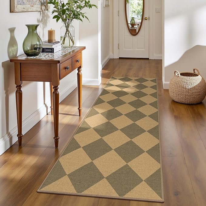 Lessymo Checkered Runner Rug 2x6 for Hallway, Washable Kitchen Non-Slip | Easy Jute Entryway Rug, Farmhouse Indoor Carpet Outdoor Rugs for Patio Backyard Porch, Kid Pet Friendly, Diamond Brown/Beige