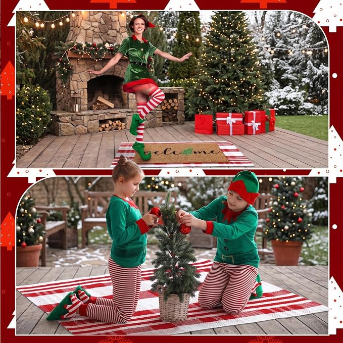 Moucuny 2 Pcs Christmas Doormat Outdoor Christmas Tree Welcome Coir Mat, Red White Plaid Outdoor Rug Non Slip Mats for Entrance Front Porch Decor, 24'' x 35'', 16'' x 28''