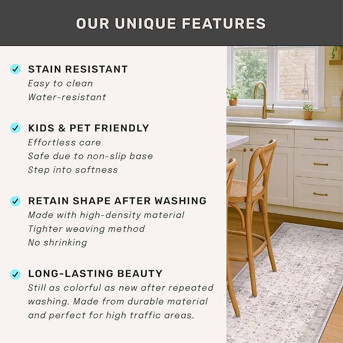 Hazo Haus Light Gray Kitchen Rug 12 ft Long - Modern Boho Eclectic Floral Geometric Decor, Washable Low Pile Non-Slip Extra Long Wide Runner Rugs for Hallway, 3x12