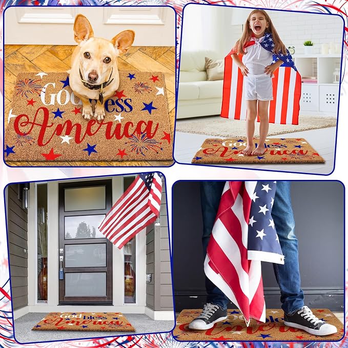 Ceenna 4th of July Patriotic Coir Door Mat Outdoor Red White Blue God Bless American Welcome Rug Patriotic Doormat Non-Slip Entrance Rugs for Independence Day Memorial Day Home Decor 16 x 28 Inch